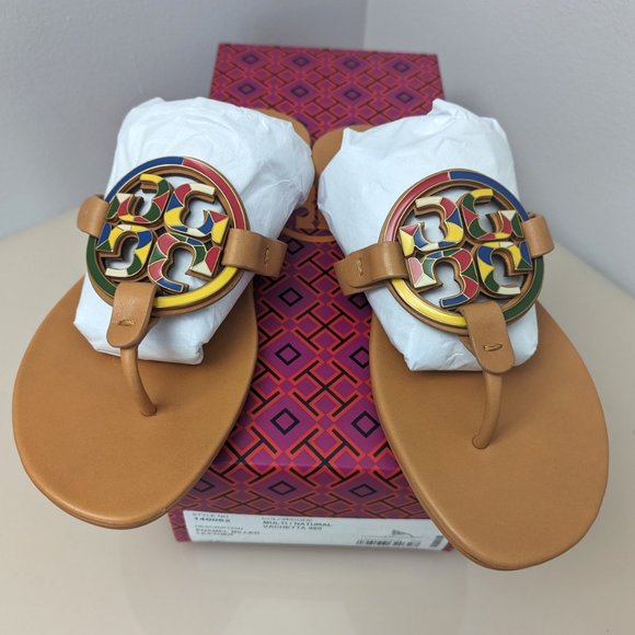 Tory Burch $298 Enamel Miller Soft Sandal Multi Natural Vachetta Tan MAN… - Picture 1 of 13